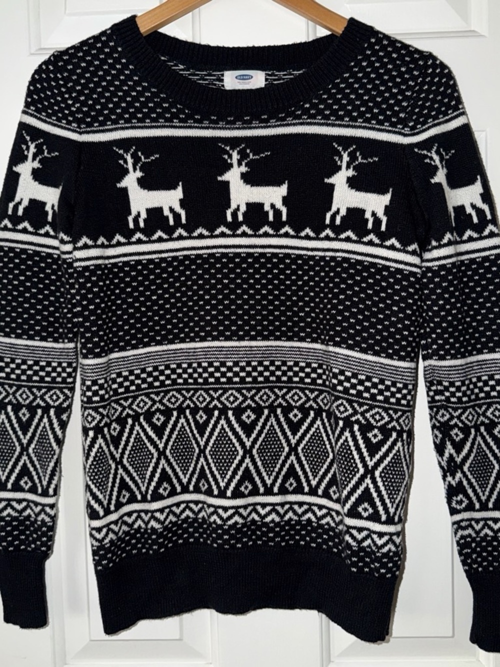 Old Navy Black and White Reindeer Fair Isle Crewneck Sweater